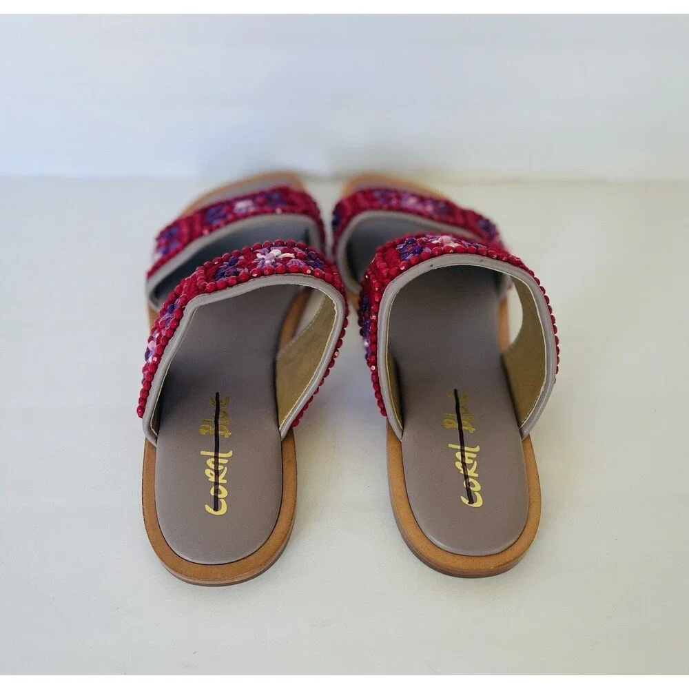 Anthropologie Coral Blue Purple Red Granny Square Flats Embroidery Bead Sandal 9